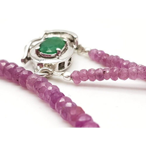 853 - 925 Silver Ruby Necklace with Emerald Clasp. Approx. 42cm length, Total Weight 15.76grams. 80cts Rub... 