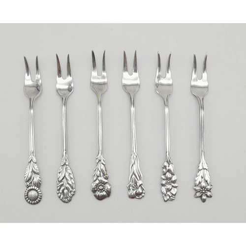 868 - A Complete Set of 6 Prima NS ALP of Sweden Lemon Cocktail Forks. Flower Design by Nils Johan. Each f... 