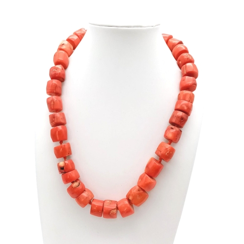 867 - A Vintage Natural Red Coral Barrel Bead Necklace -42cm