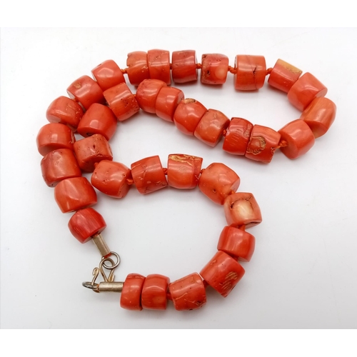 867 - A Vintage Natural Red Coral Barrel Bead Necklace -42cm