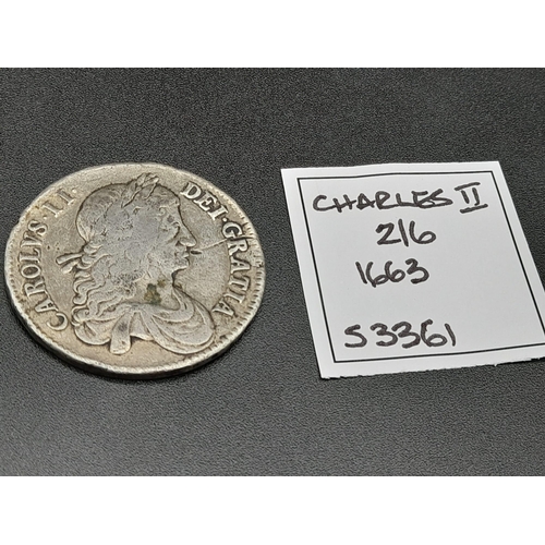 951 - A Charles II 1663 Silver Half Crown Coin. S3361. Please see photos for conditions.