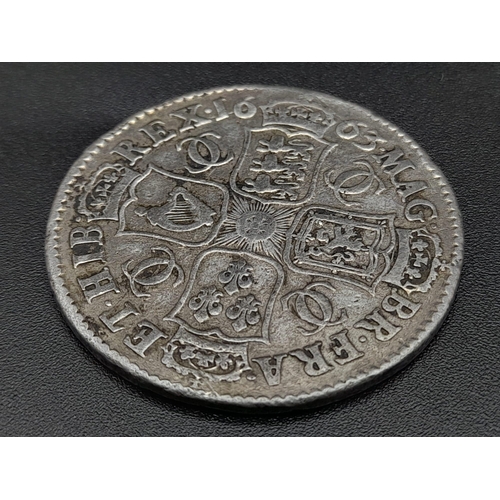 951 - A Charles II 1663 Silver Half Crown Coin. S3361. Please see photos for conditions.