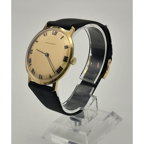 993 - A Vintage Gold Plated Girard Perregaux Gents Watch. Black leather strap. Gold plated case - 34mm. Go... 