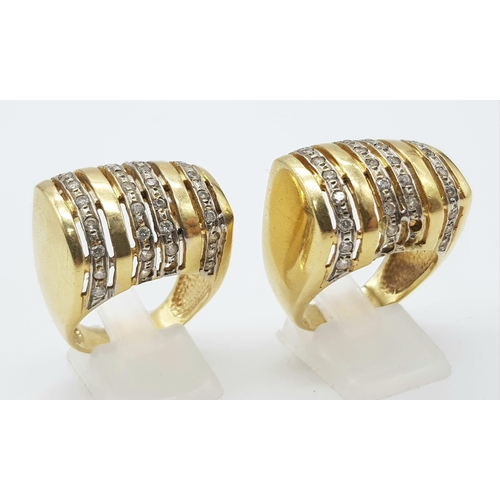 507 - 2 x 18K Yellow Gold and White Stone Gents Rings - both size T/U plus a pair of 18k yellow gold and b... 