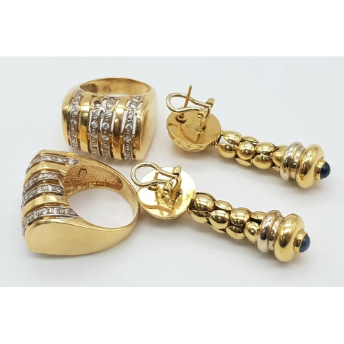 507 - 2 x 18K Yellow Gold and White Stone Gents Rings - both size T/U plus a pair of 18k yellow gold and b... 