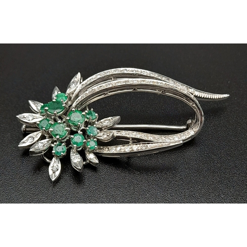 58 - 18K WHITE GOLD DIAMOND & EMERALD FANCY SPRAY BROOCH 10.29G