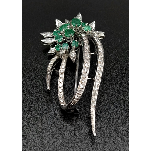 58 - 18K WHITE GOLD DIAMOND & EMERALD FANCY SPRAY BROOCH 10.29G