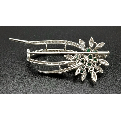 58 - 18K WHITE GOLD DIAMOND & EMERALD FANCY SPRAY BROOCH 10.29G