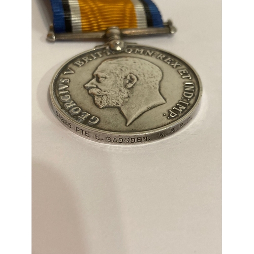 616 - Pair of WW1 medals awarded to Private E Gadsden 54205 of the Kings Royal Rifle Corps. To include the... 