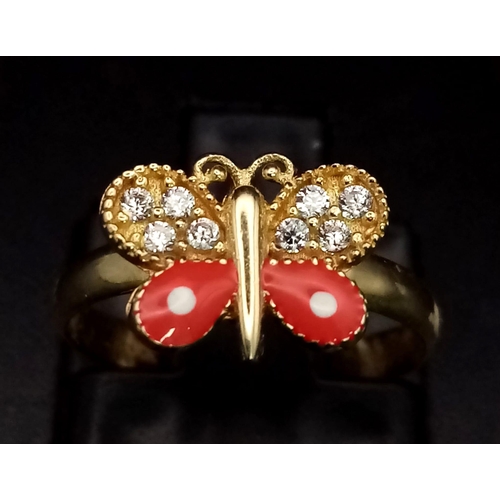 671 - A 14k Yellow Gold Small Childs Butterfly Ring - Size E - 1.16g total weight plus a 14k Yellow Chain ... 