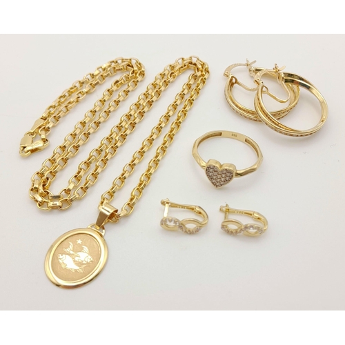 734 - A 14K Gold Lot to Include: Two pairs of earrings, a heart ring - size O and a necklace with Pisces p... 