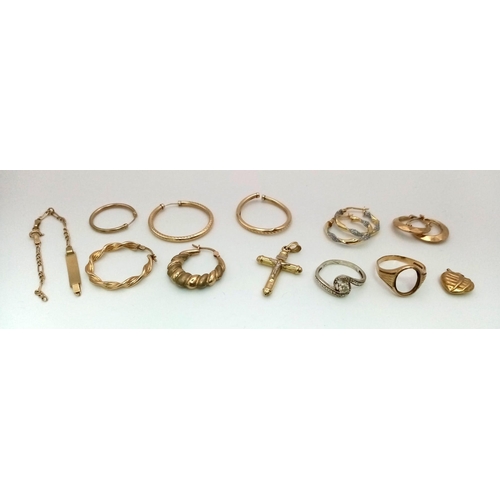 1070 - A Eclectic Mix of to include, 9k Gold 2 x pair of earrings. 5 x single earrings, 2x Rings and a pend... 