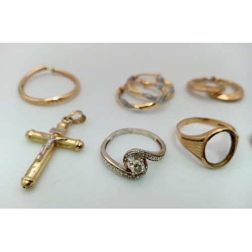 1070 - A Eclectic Mix of to include, 9k Gold 2 x pair of earrings. 5 x single earrings, 2x Rings and a pend... 