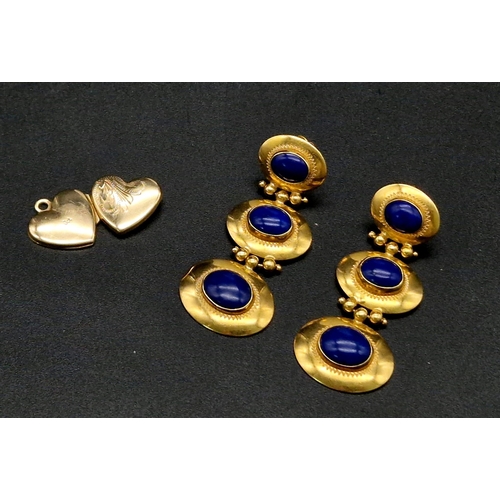 758 - A Pair of 18K Yellow Gold Drop Earrings with Blue Stones -4.5cm - 9.6g total weight. Plus a 14k hear... 