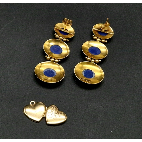 758 - A Pair of 18K Yellow Gold Drop Earrings with Blue Stones -4.5cm - 9.6g total weight. Plus a 14k hear... 