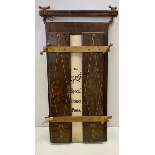 1141 - Victorian style antique trouser press wood and metal frame with white leather. Inscription on back r... 