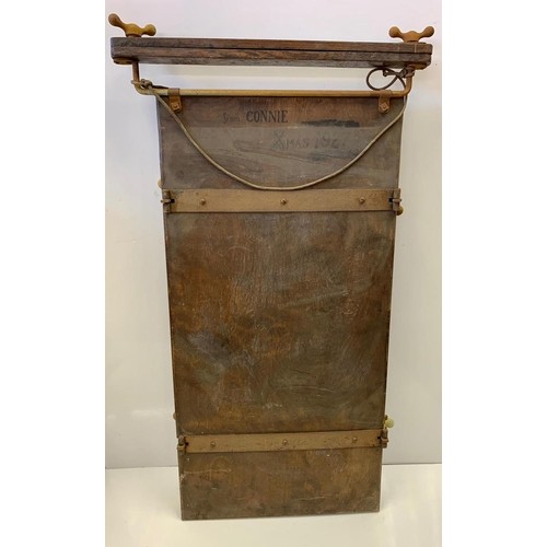 1141 - Victorian style antique trouser press wood and metal frame with white leather. Inscription on back r... 