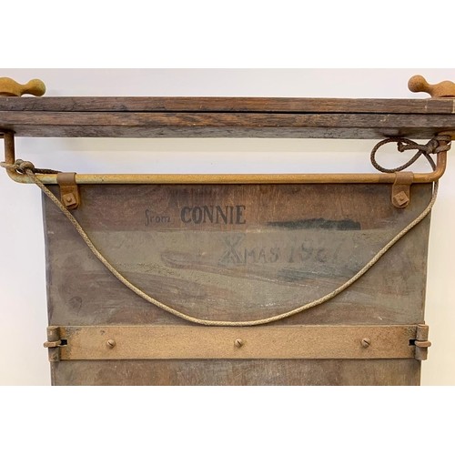 1141 - Victorian style antique trouser press wood and metal frame with white leather. Inscription on back r... 