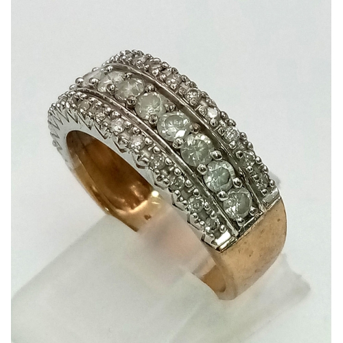 10 - A 9K Yellow Gold Diamond Half-Eternity Ring. Three rows - over 1ct of diamonds. Size O/P. 4.69g tota... 