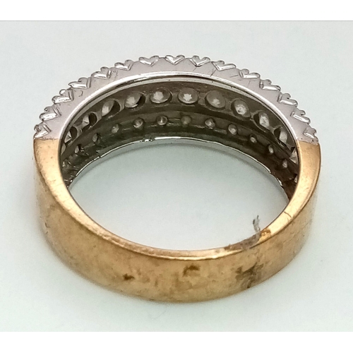 10 - A 9K Yellow Gold Diamond Half-Eternity Ring. Three rows - over 1ct of diamonds. Size O/P. 4.69g tota... 