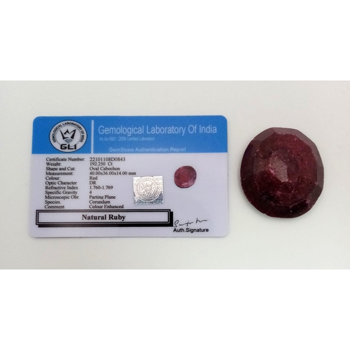 1127 - 192.25ct Natural Ruby Gemstone GLI Certified