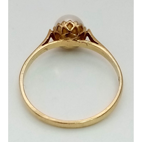 510 - A Vintage 9K Yellow Gold Pearl Solitaire Ring. Size O. 1.53g total weight.