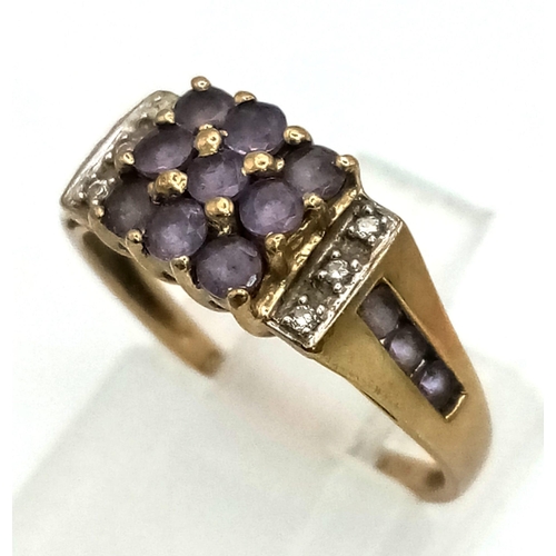 535 - A Vintage 9K Yellow Gold Amethyst and Diamond Ring. Size L. 1.9g