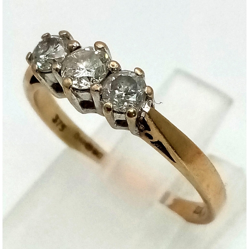 538 - A Vintage 9K Yellow Gold Diamond Trilogy Ring. 0.50ct of round cut diamonds. Size N. 2.1g total weig... 