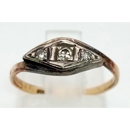 617 - An Antique 18K Gold Diamond Trilogy Ring. Size K. 1.2g total weight.