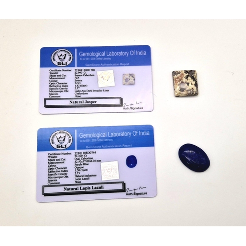 1092 - Set of Two GLI Certified Gems - Lapis 24.3ct  and Jasper22.99ct