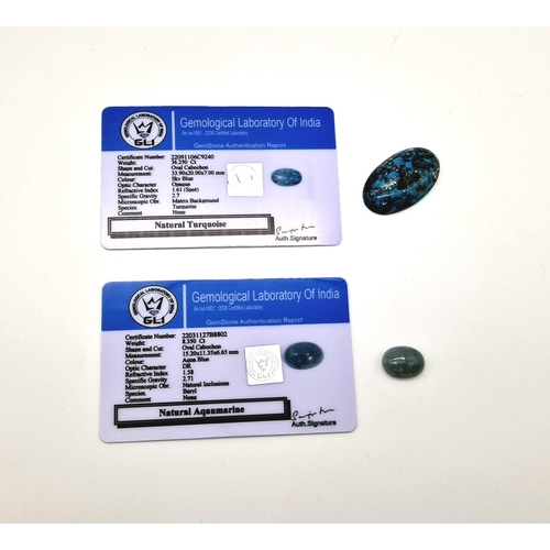 1099 - Set of Two Certified Gems - Turquoise 36.250CT and Aquamarine 8.350CT, both with GLI certificate.