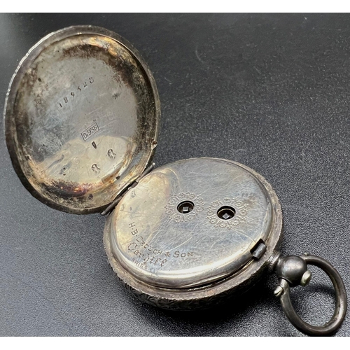 1130 - An Antique Silver HB Crouch and Son (of Cardiff) Small Pocket Watch. 36mm diameter. a/f. 36g total w... 