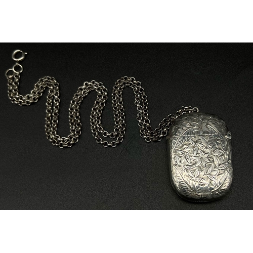 475 - An Antique Silver Vesta Case with Blank Cartouche Pendant on a Silver Chain. Birmingham hallmarks. 3... 