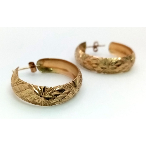 65 - A Pair of Vintage 9K Yellow Gold Hoop Earrings. Geometric pattern. 2.69g total weight.