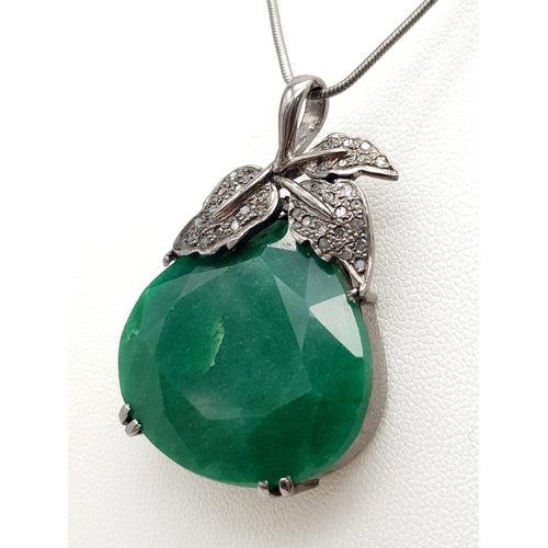 1020 - 925 Silver Antique Style  necklace with Emerald and Diamond accents, Pear shaped Pendant. Total weig... 