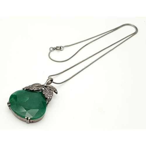 1020 - 925 Silver Antique Style  necklace with Emerald and Diamond accents, Pear shaped Pendant. Total weig... 