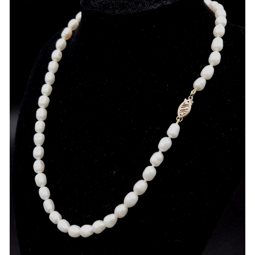 1199 - Freshwater Pearl Necklace with 10ct Gold Clasp. 40cm length.