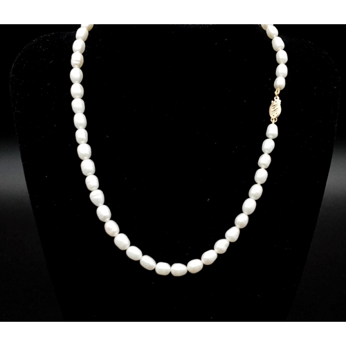 1199 - Freshwater Pearl Necklace with 10ct Gold Clasp. 40cm length.