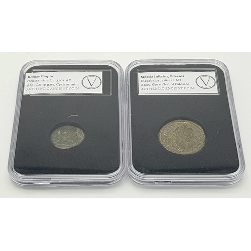 1447 - Two Slabbed Ancient Coins - Moesia Inferior Odessos and Constantine I Camp Gate.