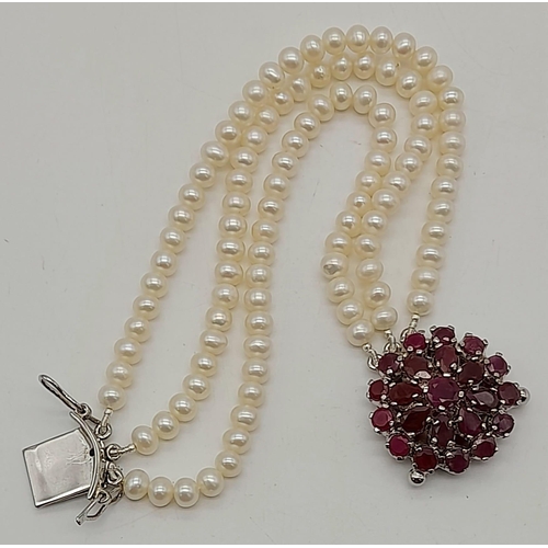 1477 - 925 Silver, Three Strand Pearl Bracelet with a Beautiful Ruby Gemstone clasp. Approx 18cm length, To... 