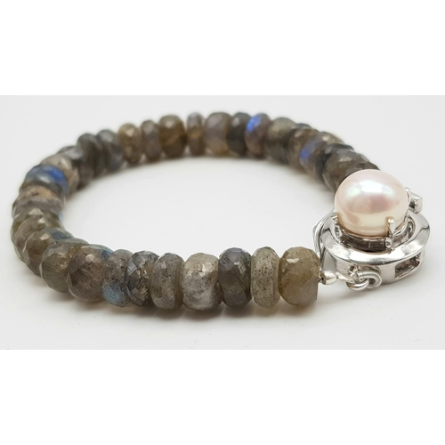 1455 - 925 Silver, Labradorite Bracelet with Pearl Clasp. Approx 140cts Labradorite, Total Weight 28grams. ... 