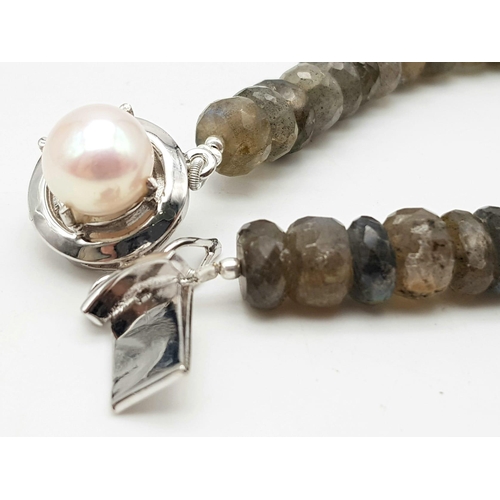 1455 - 925 Silver, Labradorite Bracelet with Pearl Clasp. Approx 140cts Labradorite, Total Weight 28grams. ... 