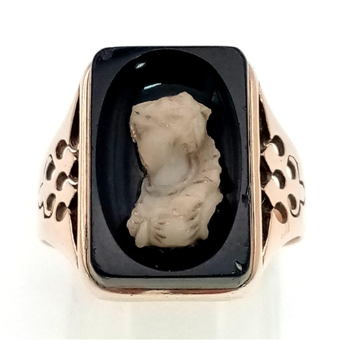 1399 - An Antique Victorian Mid-Karat Rose Gold Onyx Cameo Ring. 
Size P. 6.07g total weight.