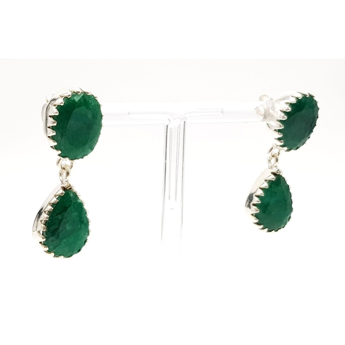 1467 - 925 Silver Emerald Dangler Earrings. Approx 30cts Emerald. Total Weight 11Grams