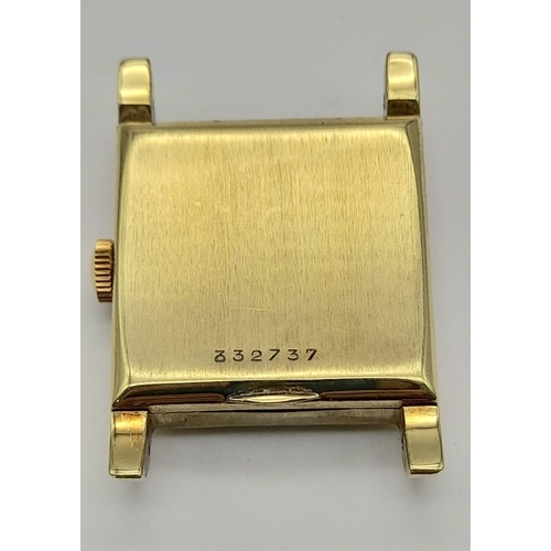 1028 - A VINTAGE 18K GOLD ZENITH WRIST WATCH WITH SECOND SUBDIAL , SQUARE TANK SHAPE   2 X 2cms  MANUAL MOV... 