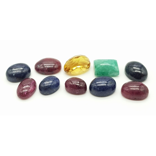 1454 - 94 Ct Cabochon Ruby& Emerald and Faceted Emerald & Citirne Gemstones - Lot of 10 Pcs