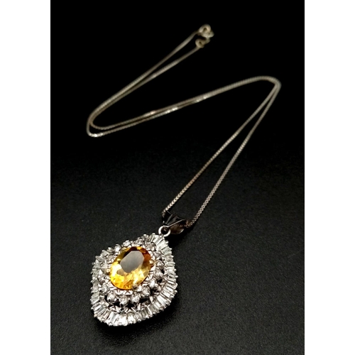 1179 - A Vintage 18K White Gold, Citrine (3ct) and Diamond Pendant on an 18K White gold disappearing neckla... 