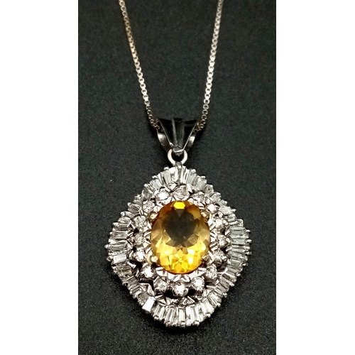 1179 - A Vintage 18K White Gold, Citrine (3ct) and Diamond Pendant on an 18K White gold disappearing neckla... 