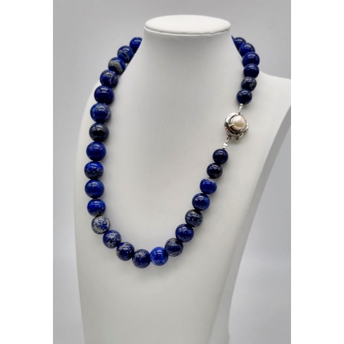 1446 - 925 Silver Cabochon Lapis Lazuli Necklace with Pearl Clasp, Total Weight 146.72grams 50cm in length ... 