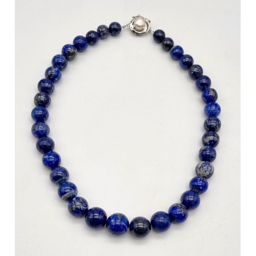 1446 - 925 Silver Cabochon Lapis Lazuli Necklace with Pearl Clasp, Total Weight 146.72grams 50cm in length ... 